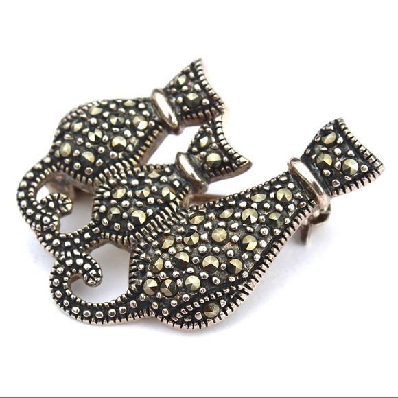 Vintage Cat Trio Marcasite Sterling Silver Brooch - Picture 2 of 5